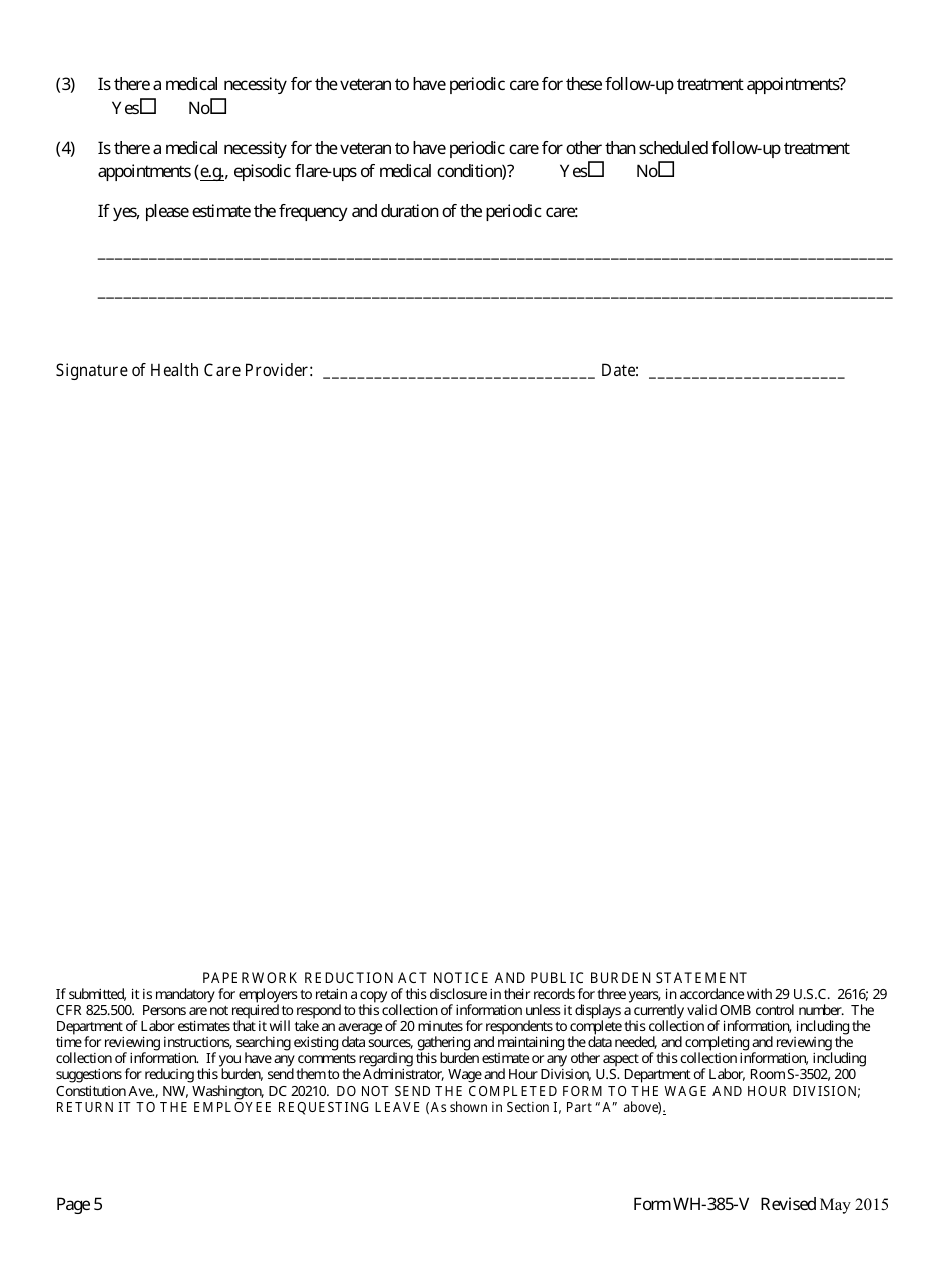 Form WH-385-V Certification for Serious Injury or Illness of a Veteran for Military Caregiver Leave (Family and Medical Leave Act), Page 5