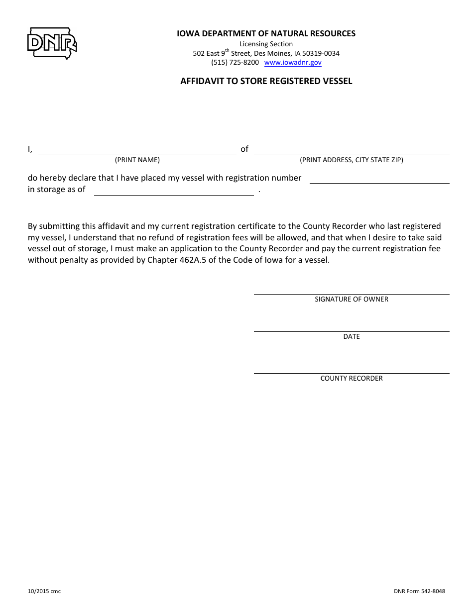 DNR Form 542-8048 Affidavit to Store Registered Vessel - Iowa, Page 1