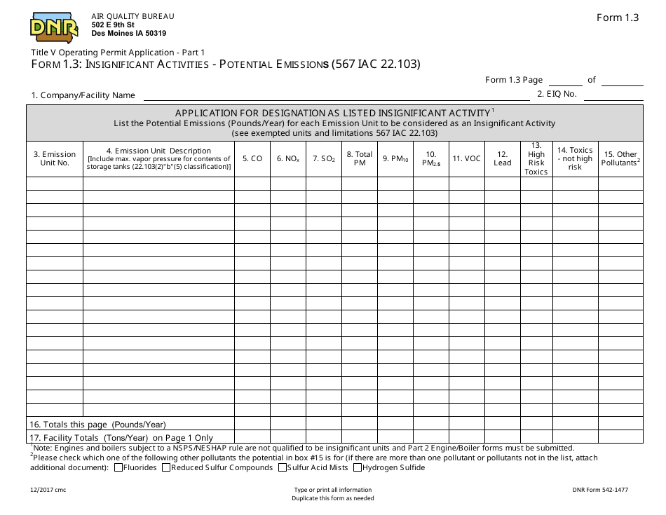 Form 1.3 (DNR Form 542-1477) Part 1 Title V Operating Permit Application - Insignificant Activities - Potential Emissions (567 Iac 22.103) - Iowa, Page 1