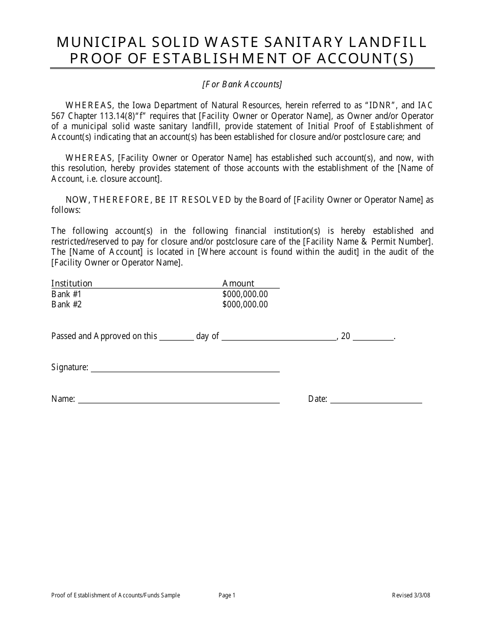 Municipal Solid Waste Sanitary Landfill Proof of Establishment of Account(S) - Iowa, Page 1