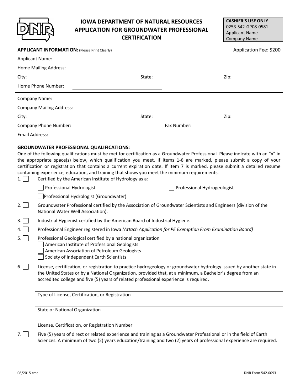 DNR Form 542-0093 Application for Groundwater Professional Certification - Iowa, Page 1