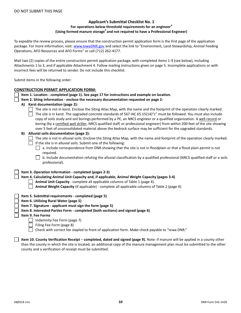 DNR Form 542-1428 Construction Permit Application Form - Confinement Feeding Operations - Iowa, Page 10