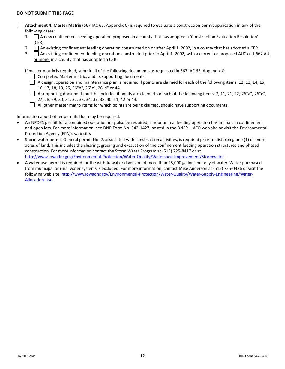 DNR Form 542-1428 Construction Permit Application Form - Confinement Feeding Operations - Iowa, Page 12