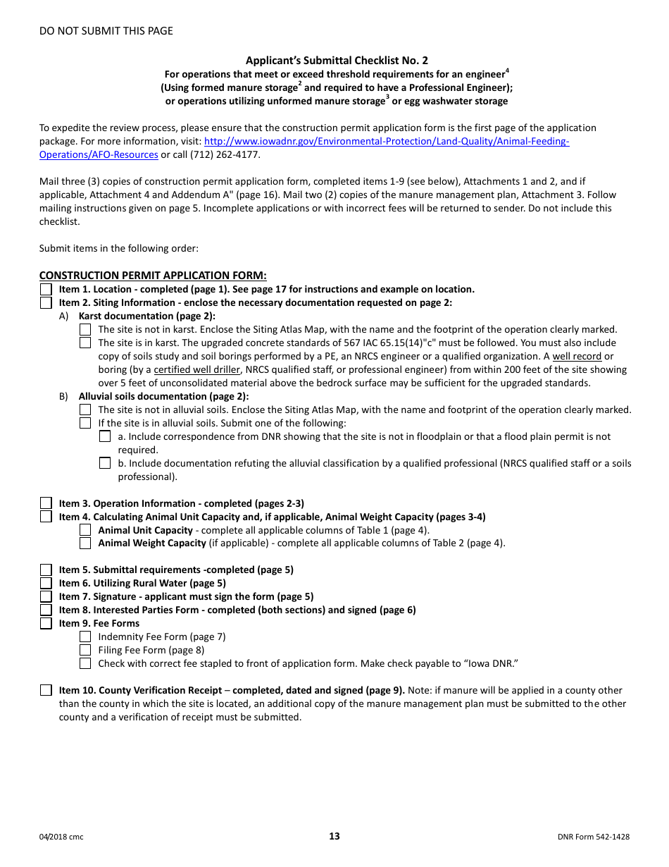 DNR Form 542-1428 Construction Permit Application Form - Confinement Feeding Operations - Iowa, Page 13