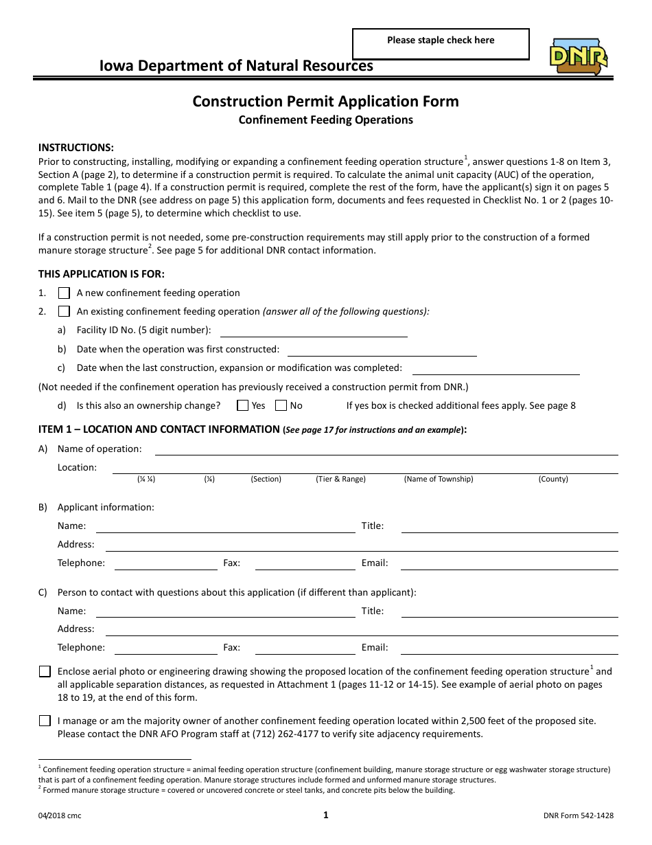 DNR Form 542-1428 Construction Permit Application Form - Confinement Feeding Operations - Iowa, Page 1