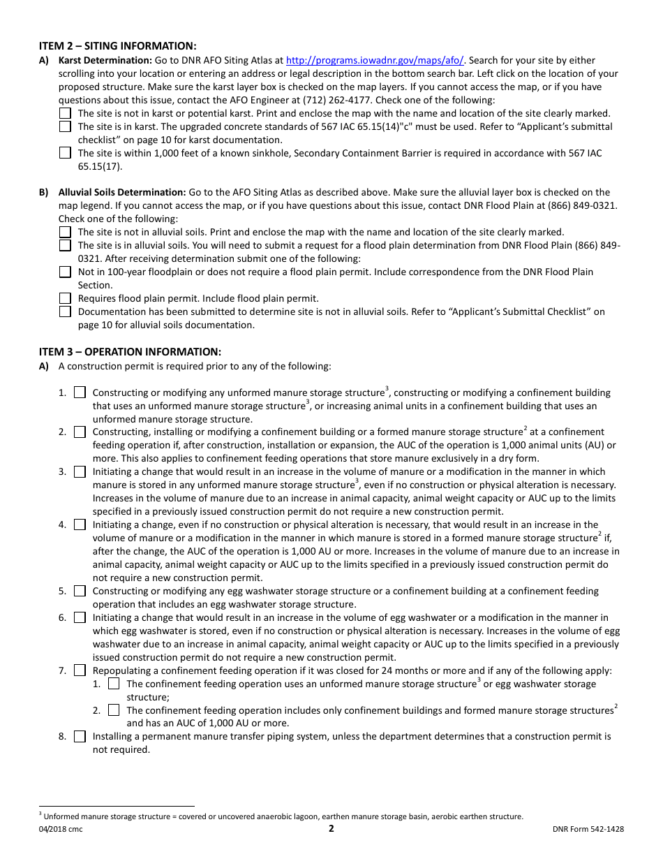 DNR Form 542-1428 Construction Permit Application Form - Confinement Feeding Operations - Iowa, Page 2