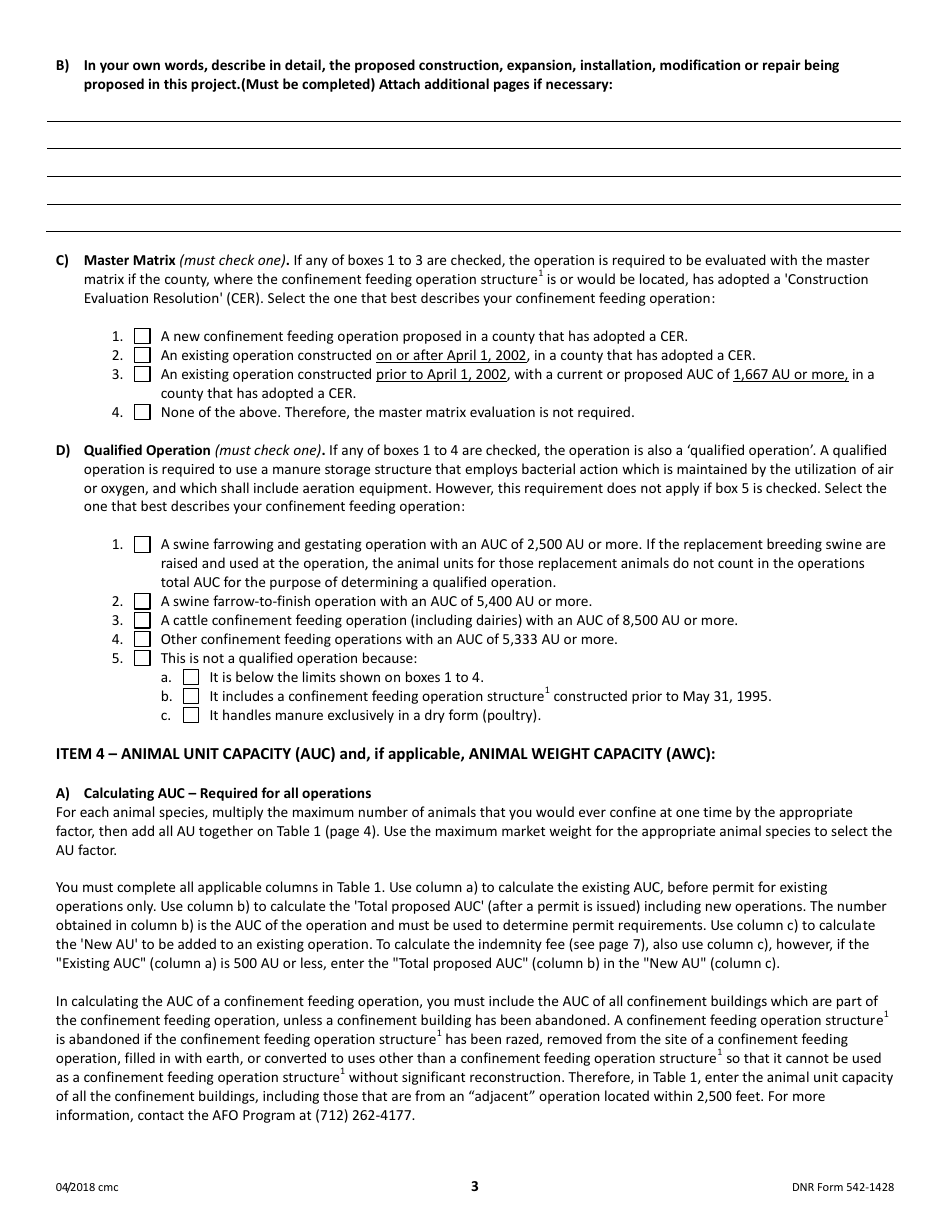 DNR Form 542-1428 Construction Permit Application Form - Confinement Feeding Operations - Iowa, Page 3