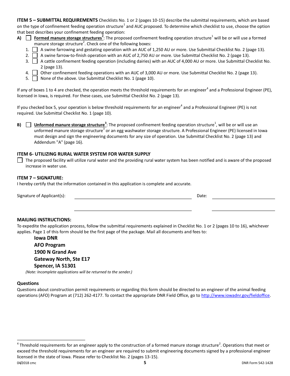 DNR Form 542-1428 Construction Permit Application Form - Confinement Feeding Operations - Iowa, Page 5