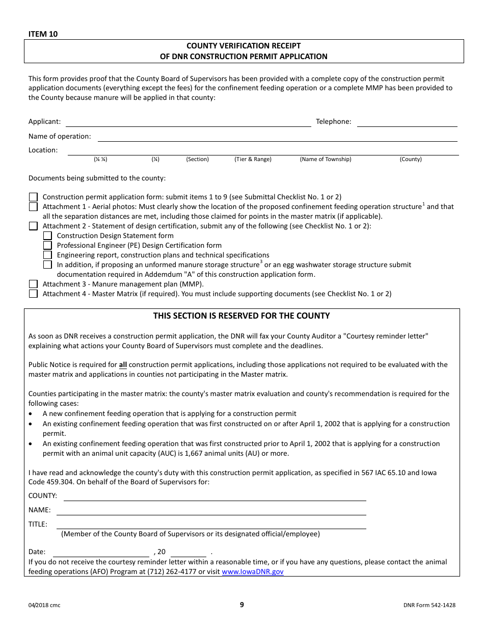 DNR Form 542-1428 Construction Permit Application Form - Confinement Feeding Operations - Iowa, Page 9