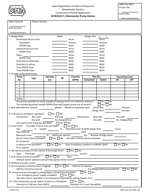 DNR Form 542-3098 Schedule E Wastewater Pump Station - Iowa