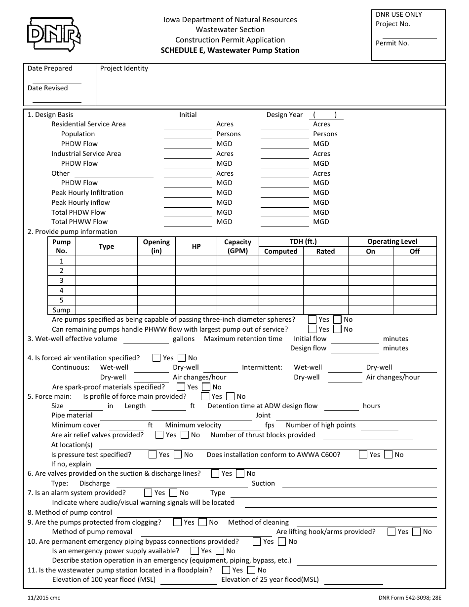 DNR Form 542-3098 Schedule E Wastewater Pump Station - Iowa, Page 1