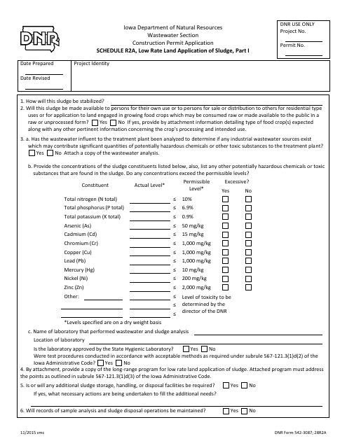 DNR Form 542-3087 Schedule R2A Low Rate Land Application of Sludge, Part I - Iowa
