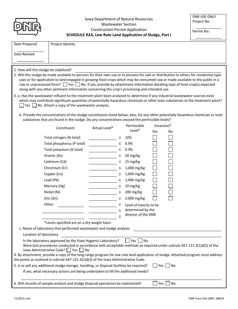 DNR Form 542-3087 Schedule R2A Low Rate Land Application of Sludge, Part I - Iowa, Page 1