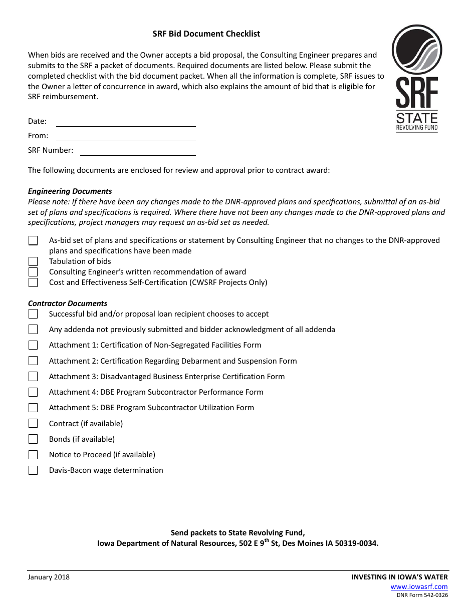 DNR Form 542-0326 Exhibit 13 Cwsrf Bid Document Checklist - Iowa, Page 1