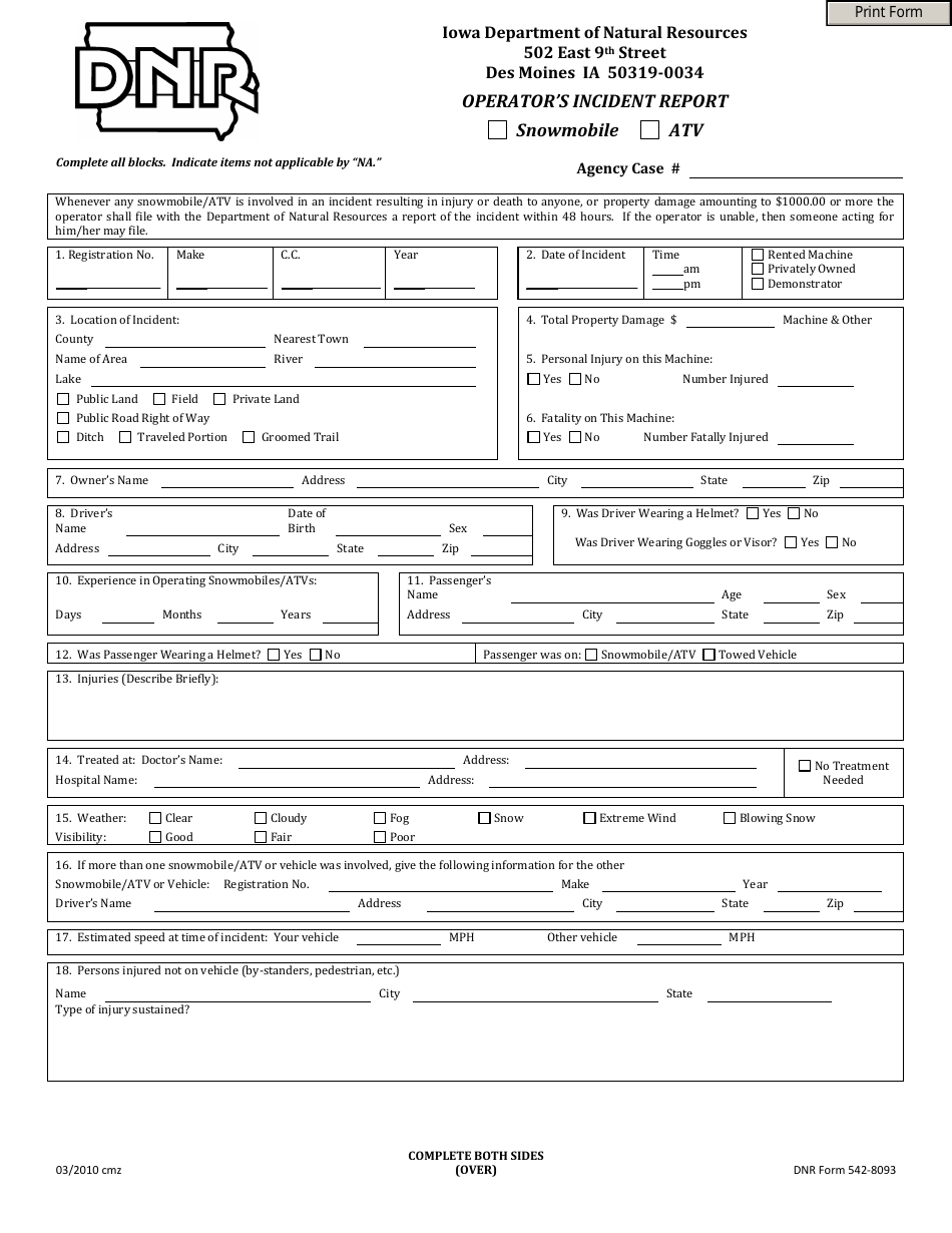 DNR Form 542-8093 Operators Incident Report - Snowmobile / Atv - Iowa, Page 1