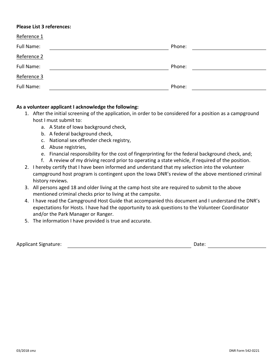 DNR Form 542-0221 Campground Host Application Form - Iowa, Page 2