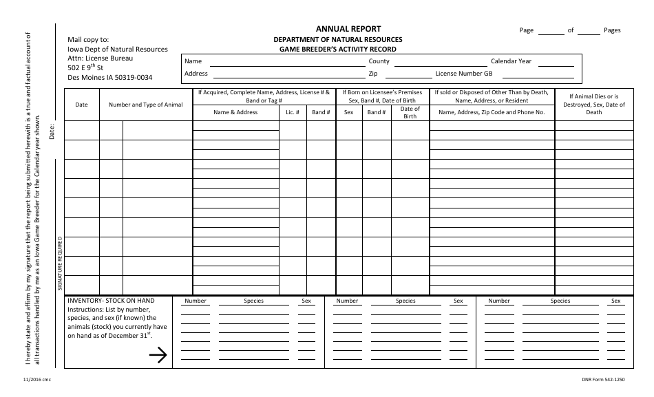 DNR Form 542-1250 Game Breeders Activity Record - Annual Report - Iowa, Page 1
