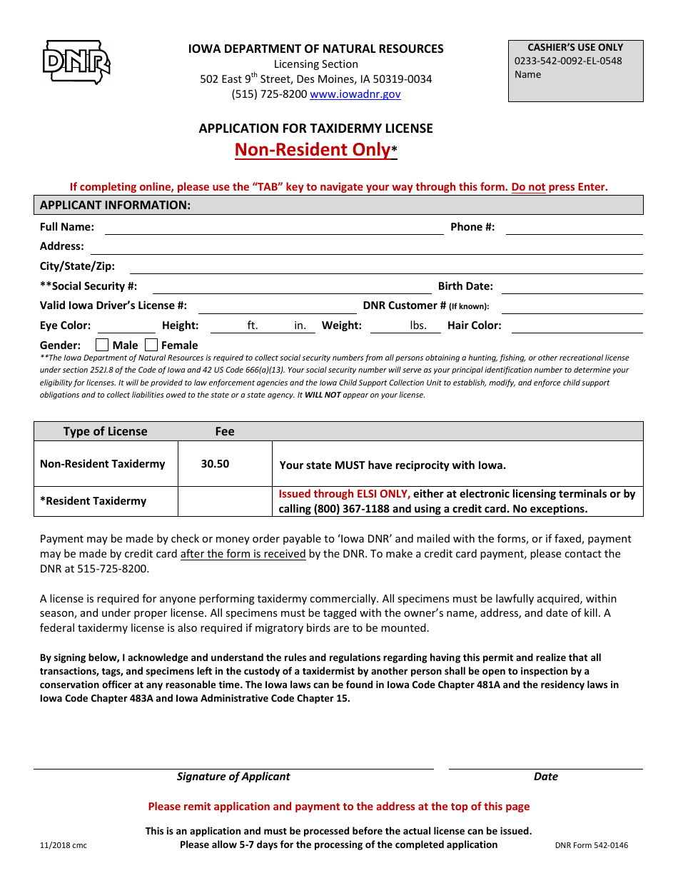 DNR Form 542-0146 Application for Taxidermy License - Non-resident Only - Iowa, Page 1