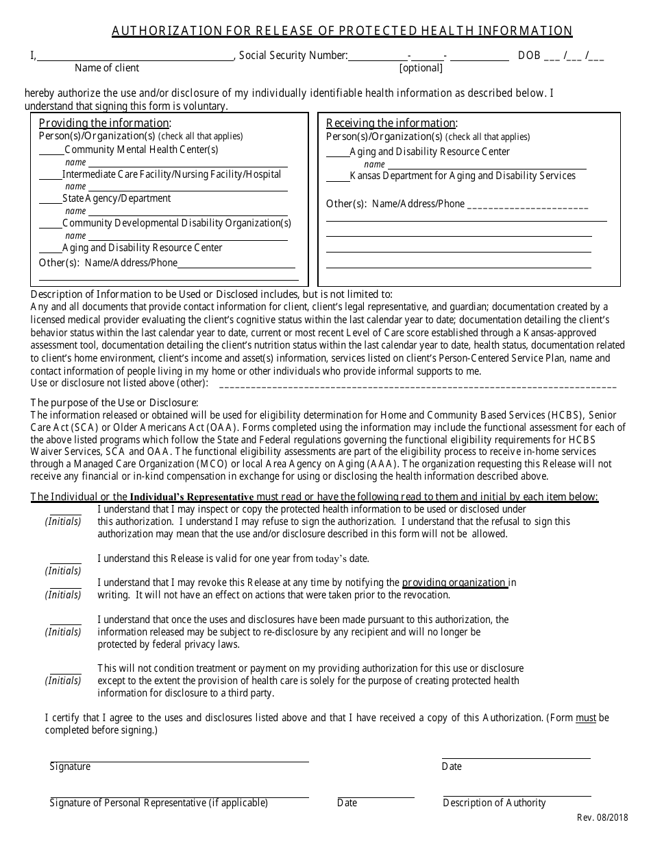 Authorization for Release of Protected Health Information - Kansas, Page 1