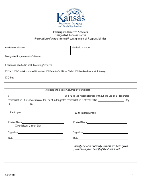 Participant-Directed Services Designated Representative Revocation of Appointment / Reassignment of Responsibilities - Kansas Download Pdf