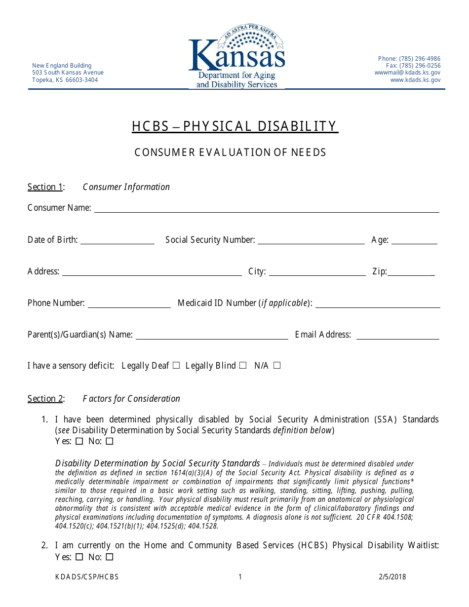 Kansas Consumer Evaluation of Needs Hcbs " Physical Disability Fill