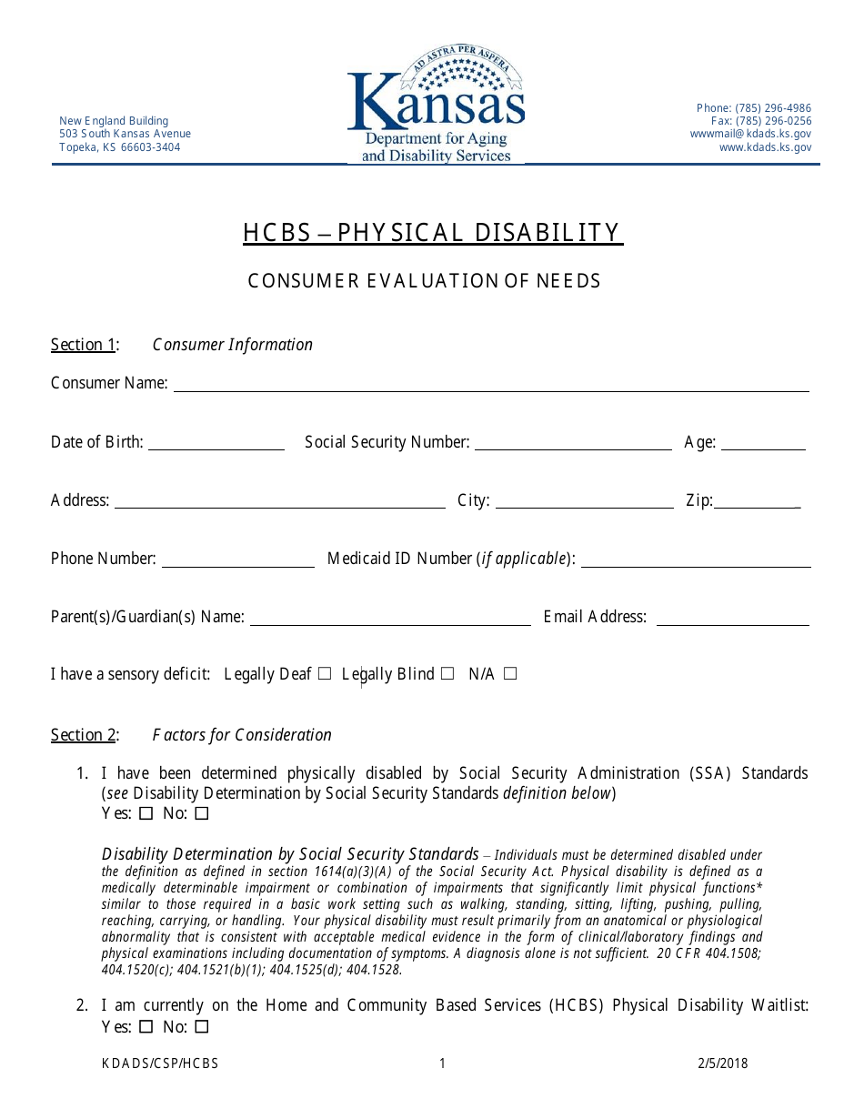 Consumer Evaluation of Needs - Hcbs  Physical Disability - Kansas, Page 1