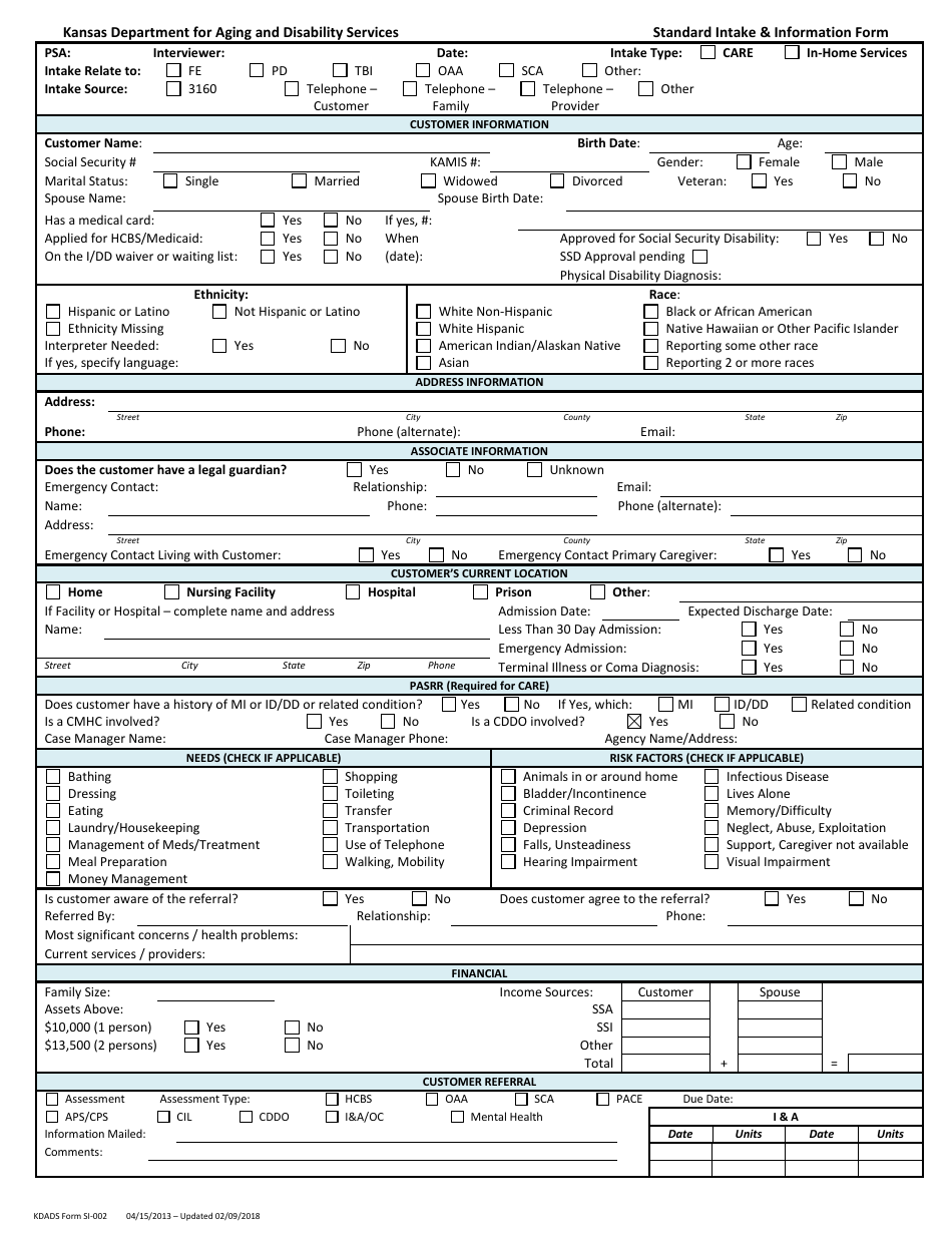 KDADS Form SI-002 Standard Intake  Information Form - Kansas, Page 1