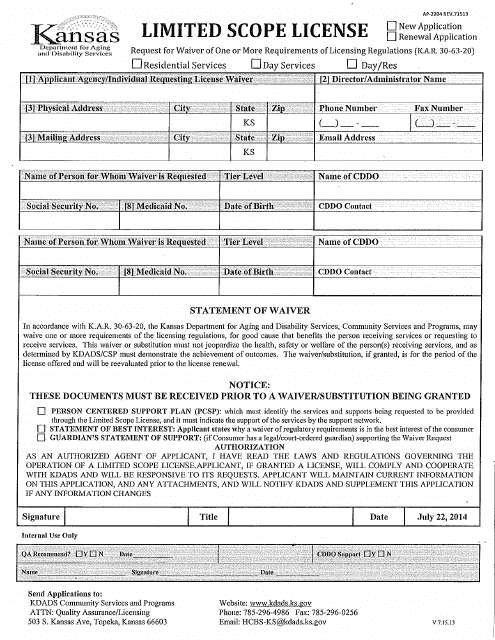 KDADS Form AP-2204 Limited Scope License - Kansas