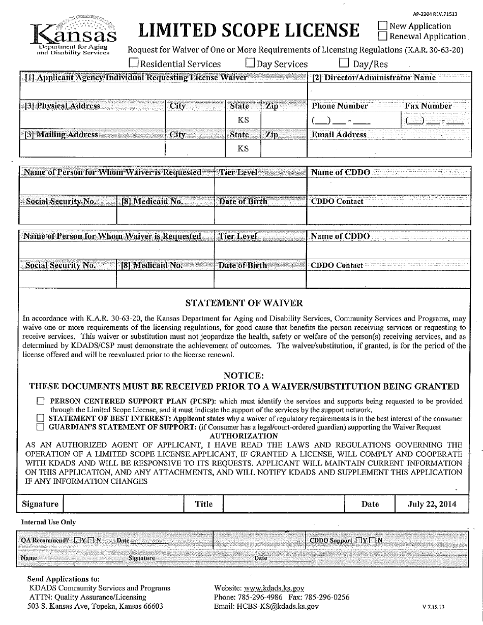KDADS Form AP-2204 Limited Scope License - Kansas, Page 1