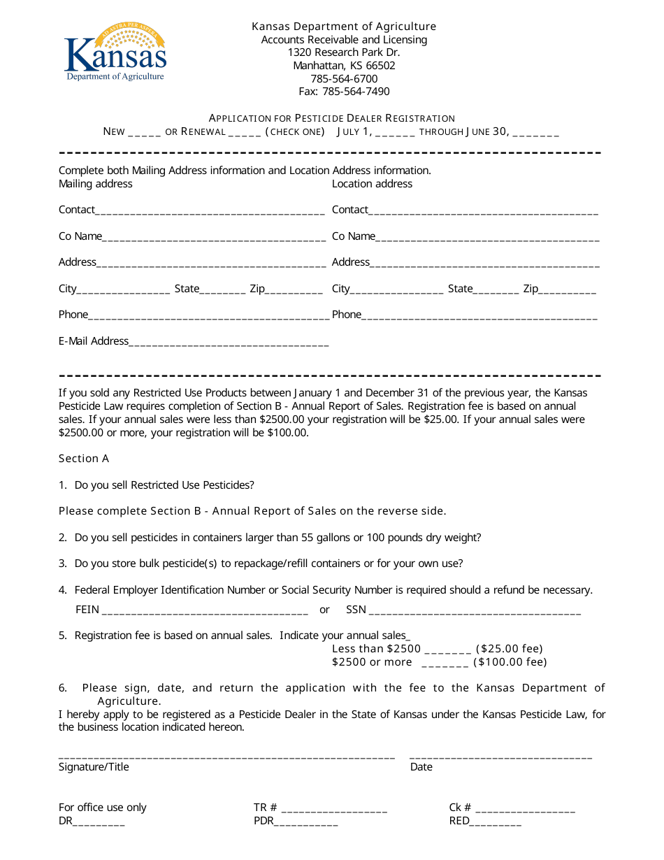 Application for Pesticide Dealer Registration - Kansas, Page 1