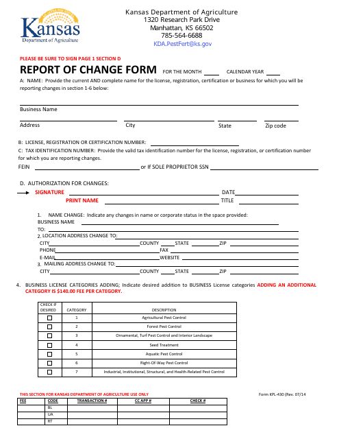 Form KPL-430 Report of Change Form - Kansas