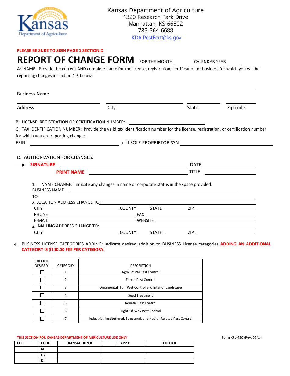 Form KPL-430 Report of Change Form - Kansas, Page 1
