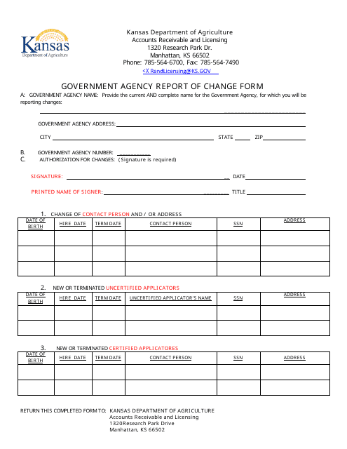 Government Agency Report of Change Form - Kansas Download Pdf