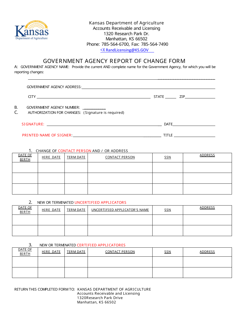 Government Agency Report of Change Form - Kansas, Page 1