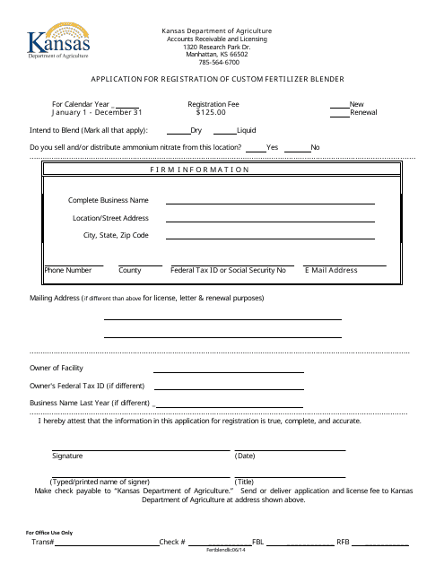 Application for Registration of Custom Fertilizer Blender - Kansas