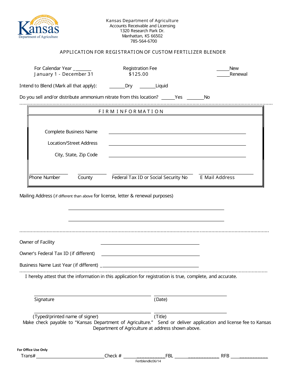 Application for Registration of Custom Fertilizer Blender - Kansas, Page 1