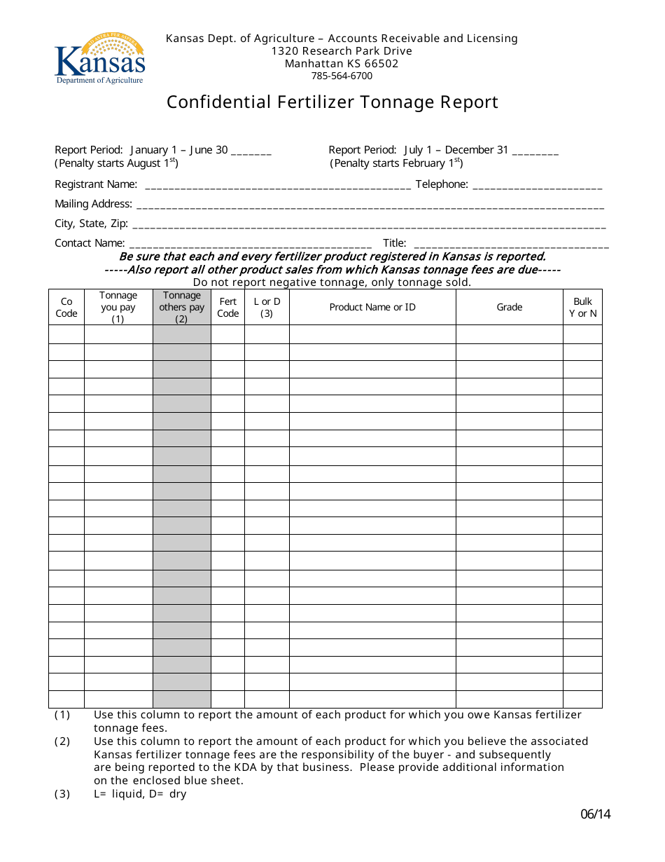 Confidential Fertilizer Tonnage Report - Kansas, Page 1