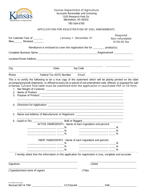 Application for Registration of Soil Amendments - Kansas Download Pdf