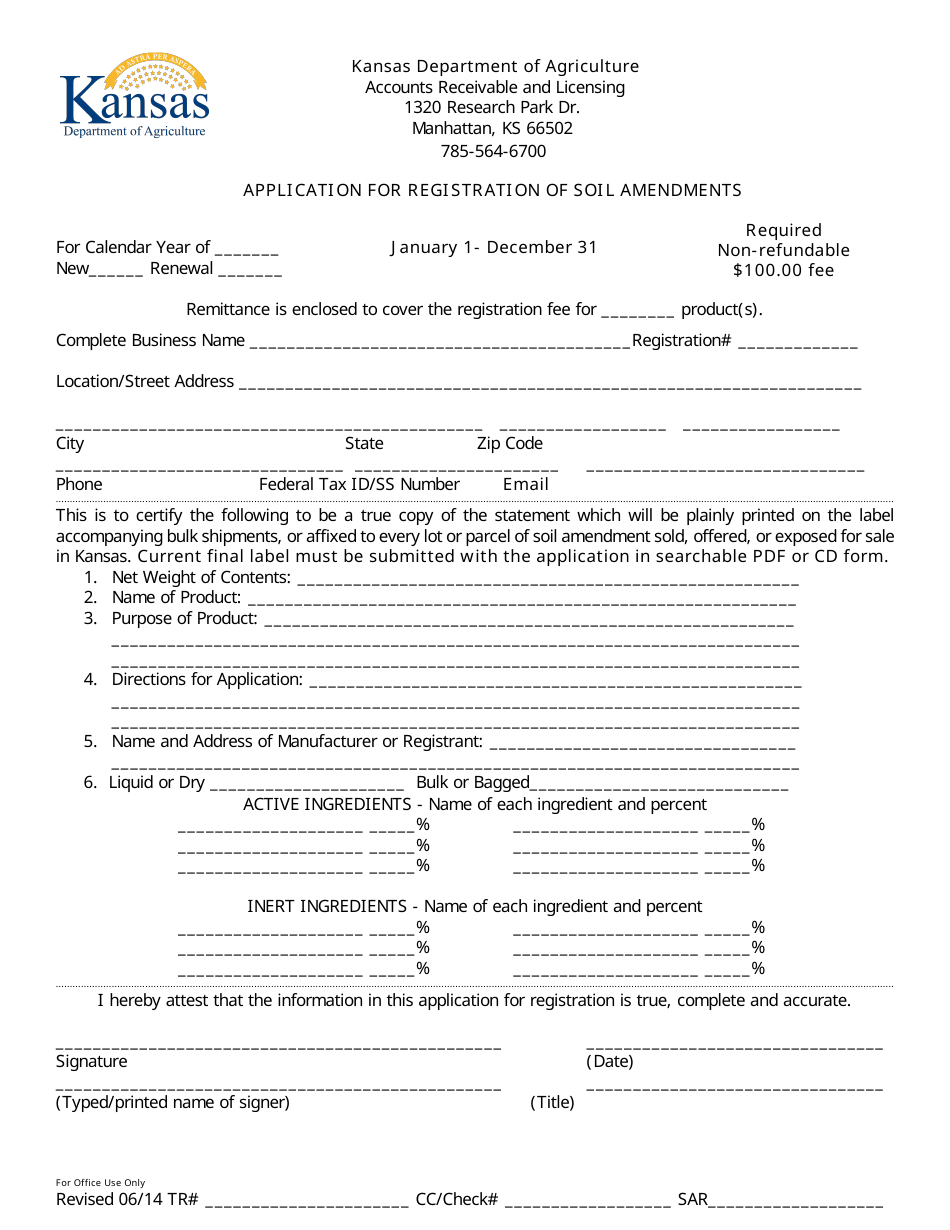 Application for Registration of Soil Amendments - Kansas, Page 1