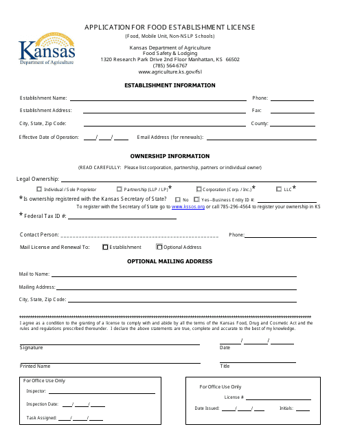 Application for Food Establishment License (Food, Mobile Unit, Non-nslp Schools) - Kansas Download Pdf