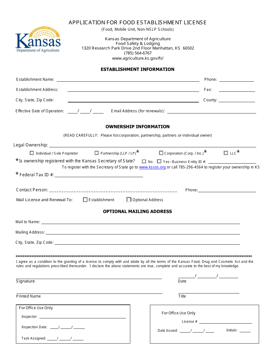 Application for Food Establishment License (Food, Mobile Unit, Non-nslp Schools) - Kansas, Page 1
