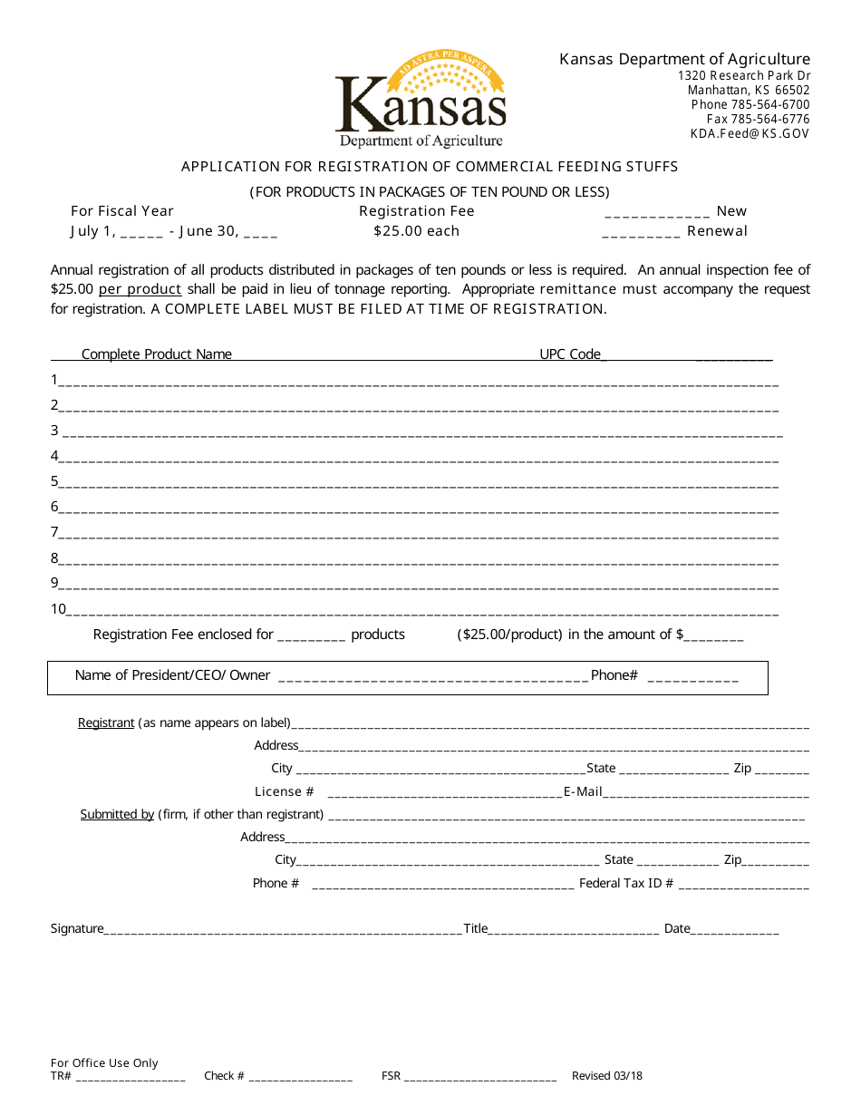 Application for Registration of Commercial Feeding Stuffs - Kansas, Page 1