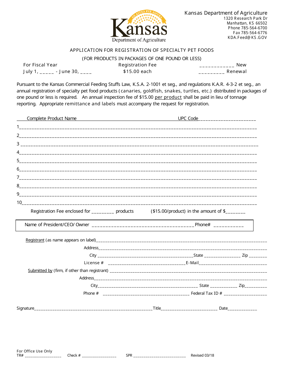 Application for Registration of Specialty Pet Foods - Kansas, Page 1