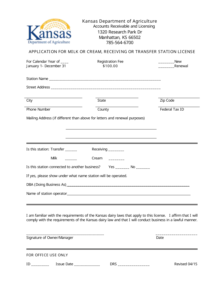 Application for Milk or Cream, Receiving or Transfer Station License - Kansas, Page 1