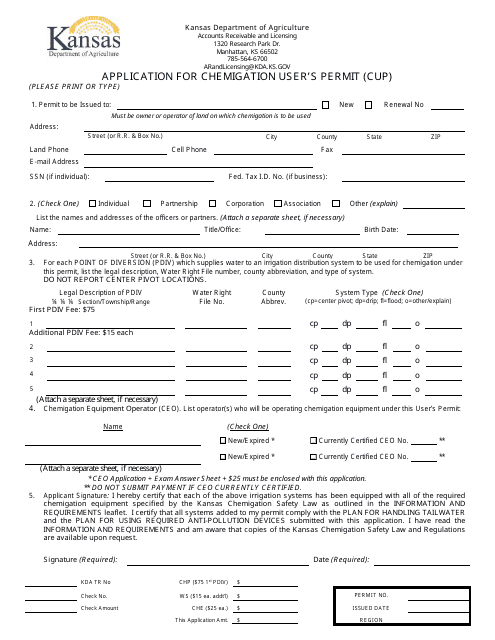 Application for Chemigation User's Permit (Cup) - Kansas Download Pdf