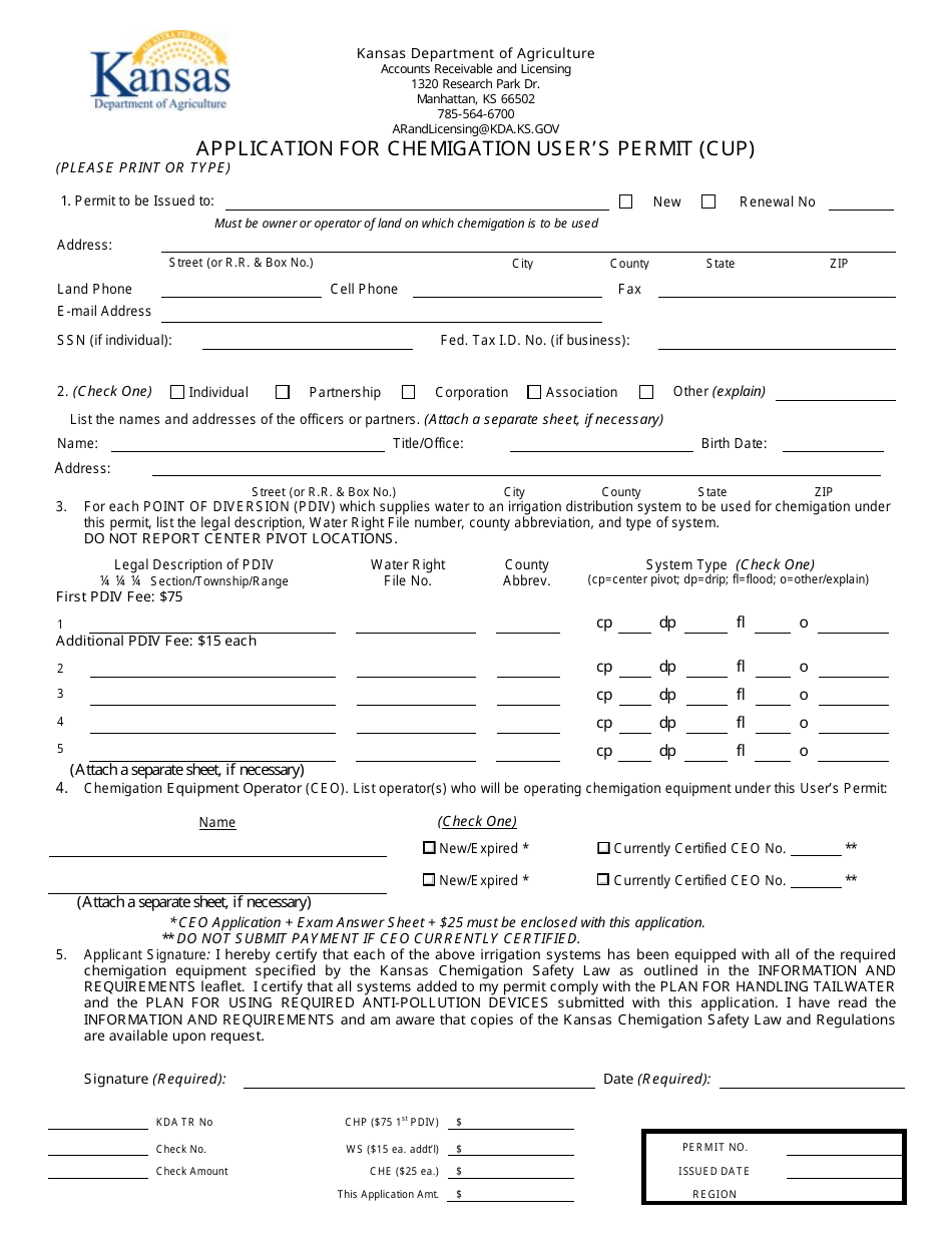 Application for Chemigation Users Permit (Cup) - Kansas, Page 1
