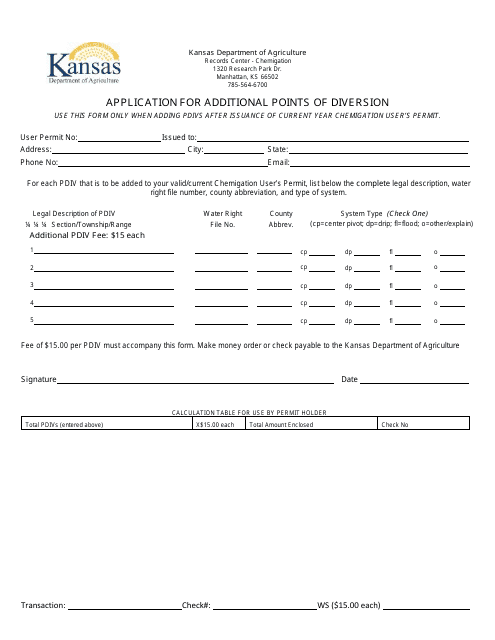 Application for Additional Points of Diversion - Kansas Download Pdf