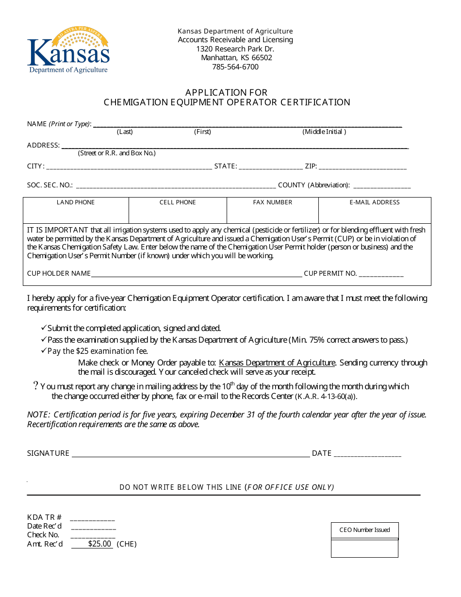 Application for Chemigation Equipment Operator Certification - Kansas, Page 1