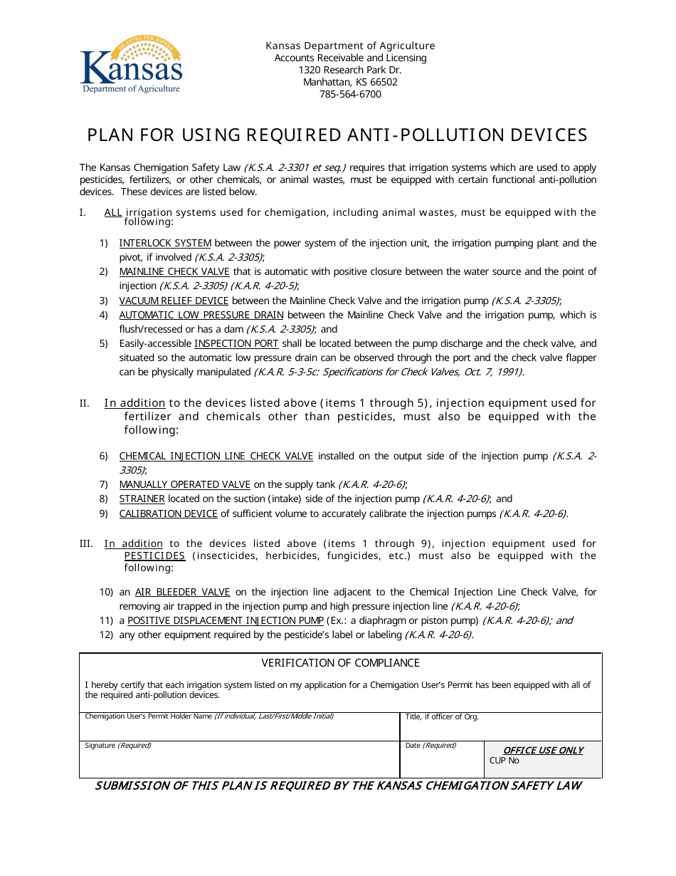 Plan for Using Required Anti-pollution Devices - Kansas, Page 1