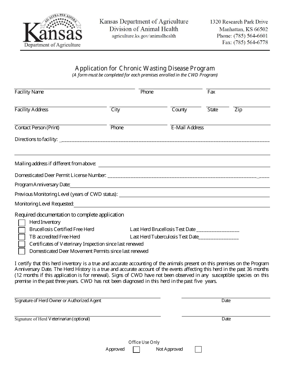 Application for Chronic Wasting Disease Program - Kansas, Page 1